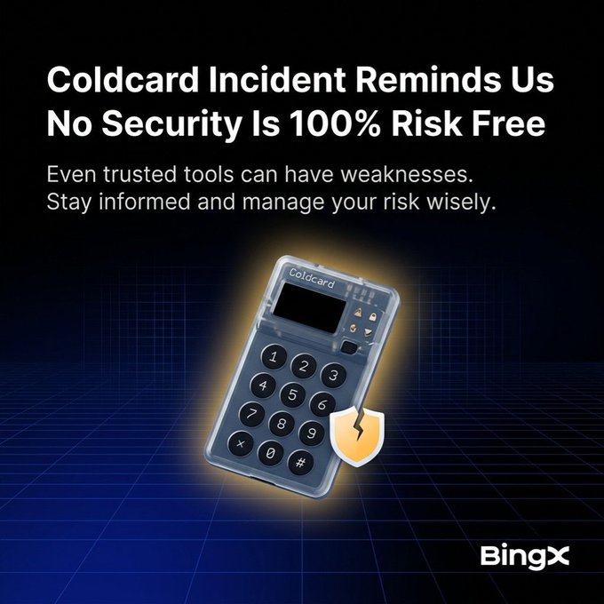 A BingX-branded graphic featuring a Coldcard hardware wallet device with a shield icon, headlined "Coldcard Incident Reminds Us No Security Is 100% Risk Free," visually reinforcing the post's message that even reputable crypto security tools like Coldcard carry inherent risks, prompting diversification beyond single solutions like the user's BingX trading platform.