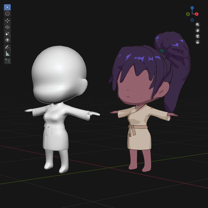 Two 3D character models in a T-pose within the Blender software interface; the left is an untextured white model, and the right is textured with purple hair, brown skin, and a beige robe.