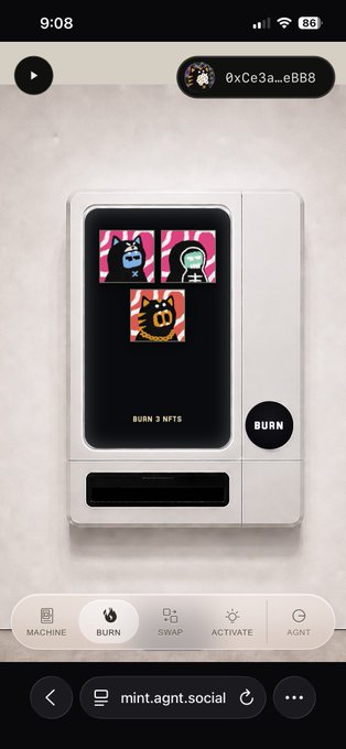 A smartphone screen showing an NFT marketplace interface for 'mint.agnt.social' with a 'BURN 3 NFTS' vending machine displaying three colorful digital character art pieces.