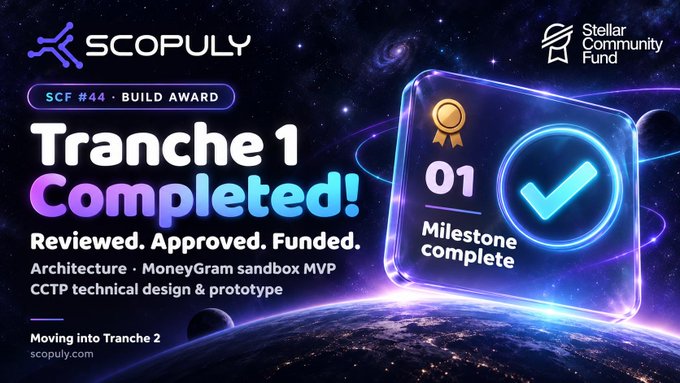 A promotional graphic for SCOPULY announcing 'SCF #44 - BUILD AWARD Tranche 1 Completed! Reviewed. Approved. Funded.' for the Stellar Community Fund, highlighting their architecture, MoneyGram sandbox MVP, and CCTP technical design.