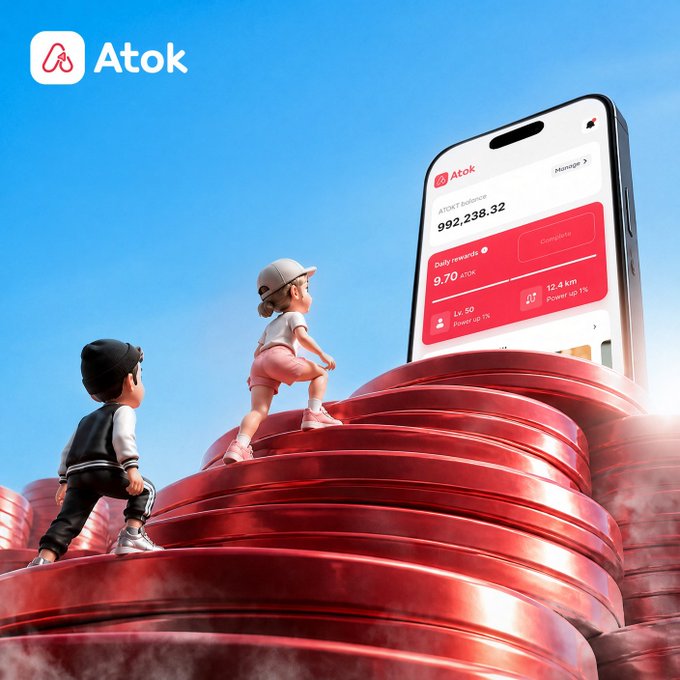 Two animated figures climb a stack of red coins toward a giant smartphone displaying the Atok app screen, which shows an ATOK balance of 992,238.32, a daily rewards rate of 9.70%, and metrics like 12.6 km and Level 50. The image visually reinforces the post's message of climbing higher, leveling up, and earning daily rewards through the Atok platform.