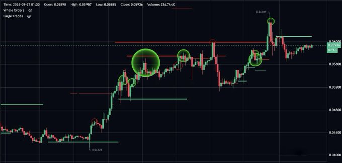 A candlestick chart of $MUBARAK (Whale Orders) dated 2024-09-27 shows a bullish uptrend with large buy order clusters (highlighted by green circles) at key support levels around 0.05128–0.06448, while sell orders appear minimal, reinforcing the post's claim of strong buying momentum and a favorable entry point.