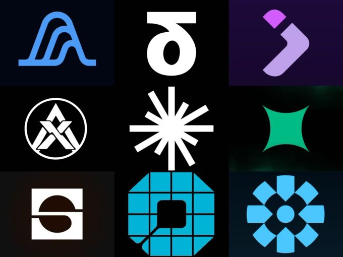 A grid displaying nine different logos or app icons on black backgrounds, featuring various symbols including a blue arch, white number shapes, a purple arrow, a black star emblem, a white starburst, a green square, an 'S' shape, a blue grid pattern, and a blue flower-like design.