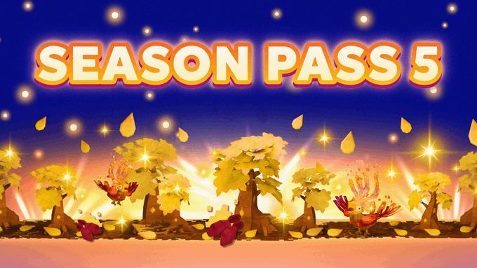 Promotional graphic announcing 'SEASON PASS 5' with autumn trees and phoenix-like birds in a golden forest setting.