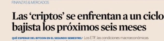 The image shows a Spanish-language financial article headline reading "Las 'criptos' se enfrentan a un ciclo bajista los próximos seis meses" (Crypto faces a bearish cycle over the next six months), with a subtitle about what to expect from Bitcoin in the second half, mentioning ETF and macroeconomic conditions.

In contrast to the post's optimistic message of "Clear buy signals emerging in Bitcoin," the image highlights a pessimistic outlook on crypto, suggesting that traditional financial media coverage still leans bearish even as buying opportunities begin to appear.
