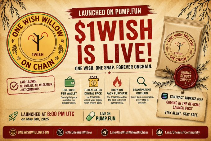 The image is a promotional graphic announcing "$1WISH IS LIVE!" on Pump.Fun, featuring the "One Wish Willow On Chain" logo and branding, with details about the fair launch (no presale, no allocation), token-gated digital pack mechanics, a burn-on-purchase supply reduction model, and transparent onchain contract verification. Launch details indicate it went live at 6:00 PM UTC on May 8th, 2025, with links to onewishwillow.fun and associated social/community channels, visually supporting the post's message that $1WISH now powers the One Wish Willow experience onchain.