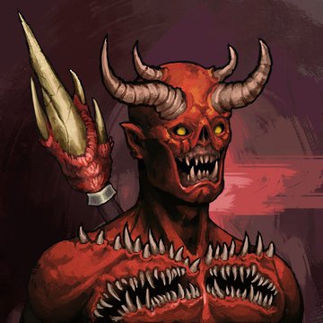 Illustration of a red-skinned demon with large horns, yellow eyes, and a mouth full of sharp teeth, holding a spiked club.