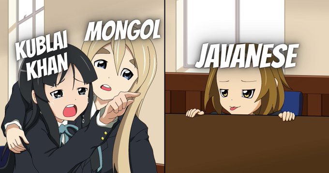 An anime meme featuring characters labeled 'KUBLAI KHAN,' 'MONGOL,' and 'JAVANESE,' depicting two characters looking shocked while peeking at a third.