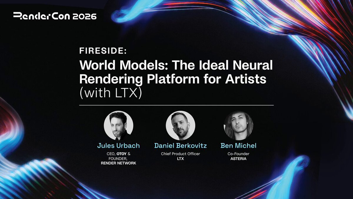 The image shows a poster or banner with three men's faces, each wearing glasses, positioned against a black background. The text at the top of the image reads "Rendering Platform for Artists", while the bottom part displays the names of the speakers in white text. The image also includes a link to a video presentation titled "World Models: The Ideal Neural Rendering Platform for Artists" by Daniel Berkovitz, which is scheduled for release on YouTube at 2:08 pm.