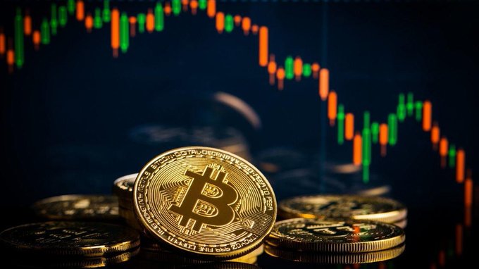 A pile of gold Bitcoin coins sits in the foreground against a backdrop of a bearish red-and-green candlestick chart, visually reinforcing the narrative that the corporate crypto-reserve model—practiced by firms like Bit Digital, Strive, Hyperliquid Strategies, and BitMine—is losing value as token prices decline.