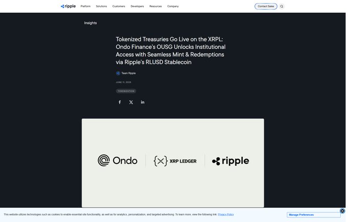 The image displays a Ripple Insights article titled "Tokenized Treasuries Go Live on the XRPL: Ondo Finance's OUSG Unlocks Institutional Access with Seamless Mint & Redemptions via Ripple's RLUSD Stablecoin," dated June 30, 2025, with logos for Ondo, XRP Ledger, and Ripple shown below—visually confirming the article's announcement of OUSG's integration with Ripple's RLUSD stablecoin on the XRP Ledger.