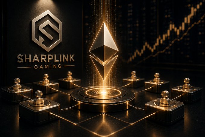 The image features the "SHARPLINK GAMING" logo alongside a glowing Ethereum symbol on a platform connected to networked nodes, with an upward-trending chart in the background—visually reinforcing the post's message about SharpLink's $200M ETH staking strategy and the shift toward institutional use of staked ETH (wstETH) in DeFi.