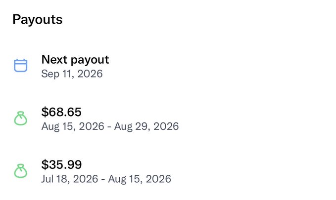 A payouts screen showing a next payout scheduled for Sep 11, 2026, with previous payouts of $68.65 (Aug 15–29, 2026) and $35.99 (Jul 18 – Aug 15, 2026).
