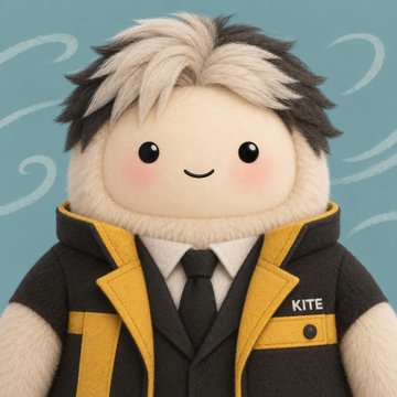 A cute plush toy character with fluffy black and white hair, rosy cheeks, and a smiling face, wearing a black and yellow suit with a name tag reading "KITE" against a blue background with decorative swirls.