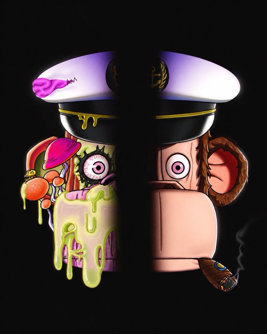 Digital artwork showing a split image of a cartoonish figure wearing a white sailor-style cap, with one side showing a grotesque melting/dripping form and the other showing a more normal face with an exposed brain, against a black background.