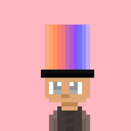 Pixel art style illustration of a character with a colorful rainbow-striped hat, gray eyes, and a dark vest against a pink background.