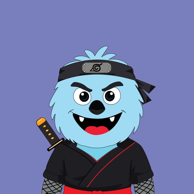 A light blue cartoon character dressed as a ninja with a Hidden Leaf Village headband, black outfit, and a sword strapped to its back. The image ties into the post as a playful mascot representation of the "Sesames X NINZA" NFT collaboration mentioned in the mint stage announcement.