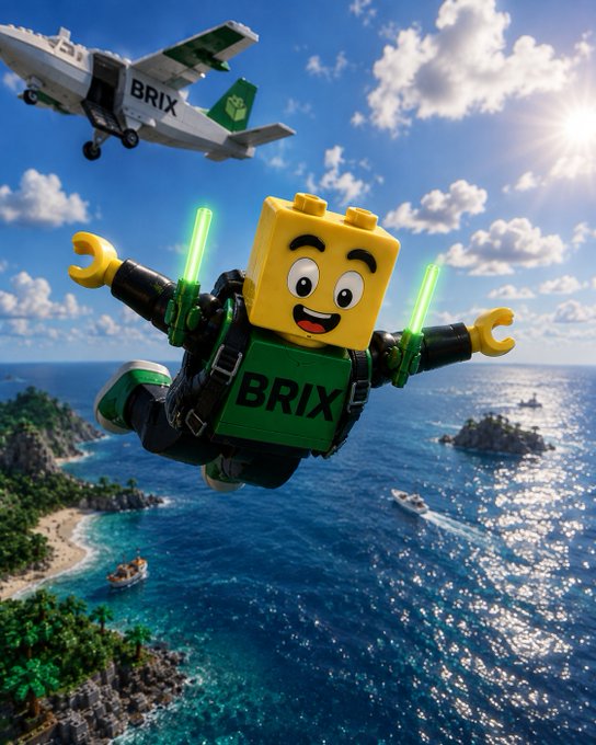 An AI-generated image of a yellow LEGO-style character with 'BRIX' on its chest, skydiving with a green BRIX airplane in the background over a tropical ocean scene.