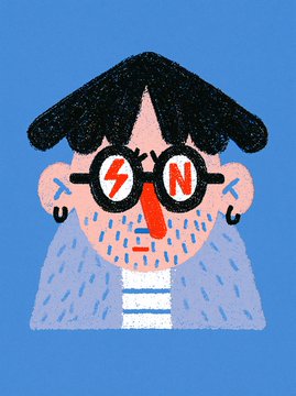 A digital illustration of a man with black hair and a gray beard wearing glasses with 'Z' and 'N' lightning bolt symbols on the lenses, set against a blue background.