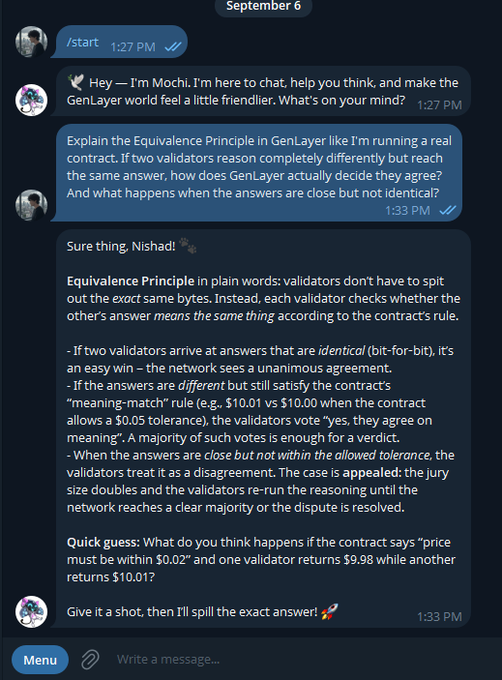A chat interface displays a conversation with an AI named Mochi explaining the 'Equivariance Principle in GenLayer,' dated September 6.