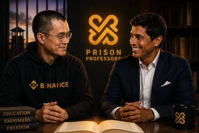 Two men sit at a desk with hands clasped—one wearing a black "BINANCE" hoodie and the other in a dark suit—in front of a glowing orange "PRISON PROFESSORS" logo, with books titled "EDUCATION EMPOWERS FREEDOM" stacked nearby, illustrating the post's message about learning from CZ (Changpeng Zhao) and building during quiet times rather than chasing where the market is today.