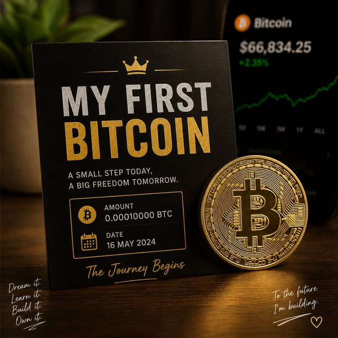 A commemorative "MY FIRST BITCOIN" card commemorating a purchase of 0.00010000 BTC on 16 May 2024 sits beside a gold Bitcoin token, with a background display showing Bitcoin at $66,834.25 (+2.25%)—perfectly capturing the nostalgic moment of a first crypto investment.