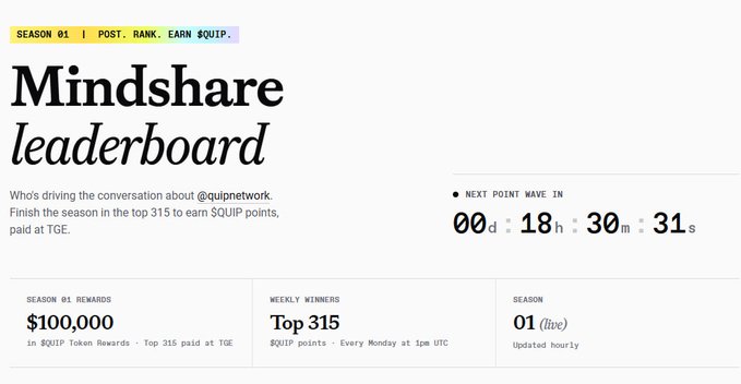 The image shows a "Mindshare leaderboard" page for @quipnetwork, highlighting a $100,000 reward pool, top 315 weekly winners, and a countdown to the next point wave in 18 hours. It relates to the post by emphasizing the importance of daily engagement routines while waiting for tomorrow's leaderboard points distribution update.