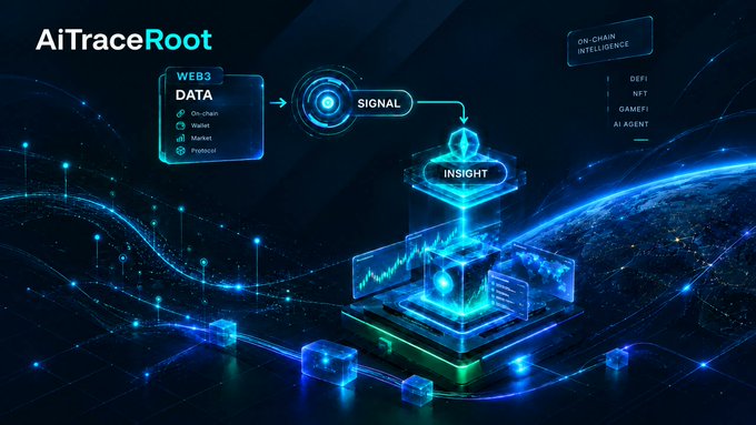 A sleek, futuristic digital graphic for "AiTraceRoot" illustrates a data flow pipeline where "WEB3 DATA" sources (on-chain, Wallet, Market, Protocol) feed into a "SIGNAL" node that transforms into an "INSIGHT," visualized through a glowing blue AI processor, with "ON-CHAIN INTELLIGENCE" for DeFi, NFT, GameFi, and AI Agents displayed on the right—directly visualizing the post's theme of turning raw Web3 data into actionable insights with "less noise, more signal."