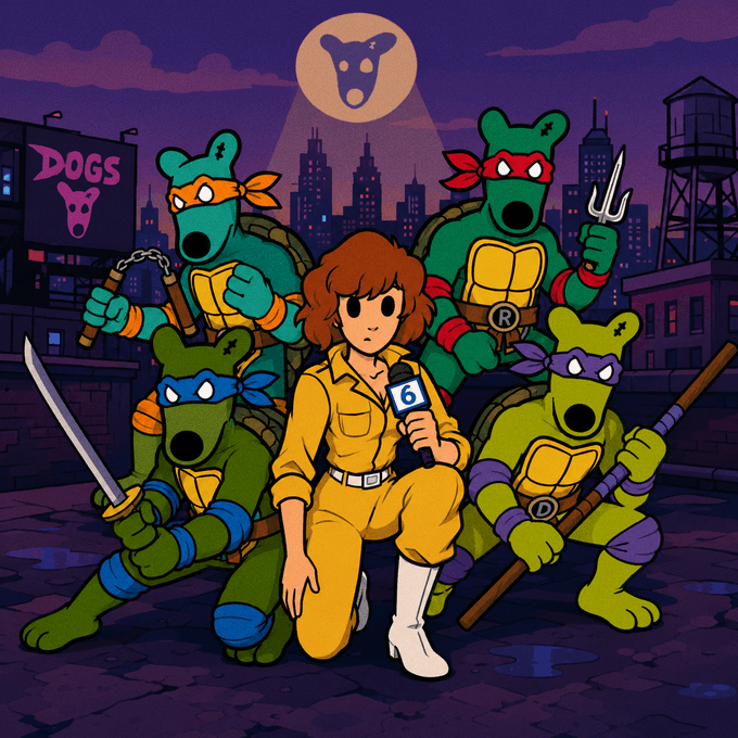A cowabunga-style illustration featuring four green ninja dog characters (wearing orange, red, blue, and purple masks) posed around a reporter in a yellow outfit holding a "6" microphone, with a "DOGS" billboard and city skyline under a full moon featuring a bear logo, styled as a Teenage Mutant Ninja Turtles crossover NFT promotion.
