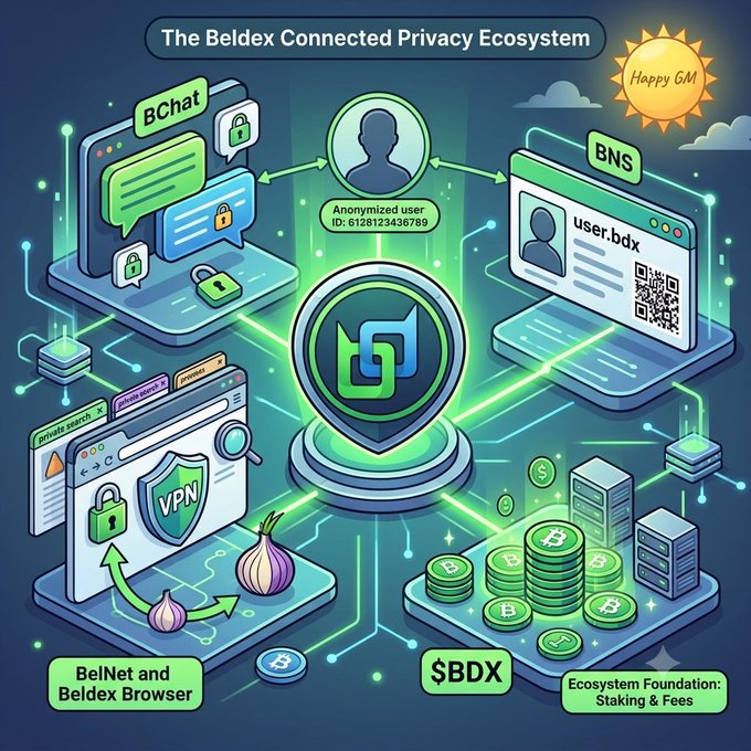 An infographic titled "The Beldex Connected Privacy Ecosystem" showing interconnected services including BChat, BNS (user.bdx), BelNet and Beldex Browser (with VPN), and $BDX cryptocurrency with staking and fees.