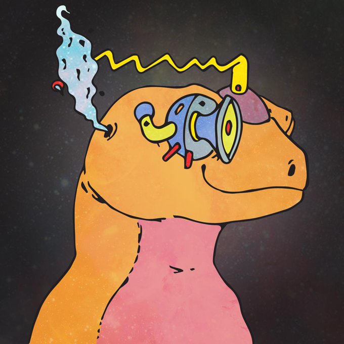 An illustrated cartoon of an orange and pink lizard-like creature with a mechanical device attached to its head emitting smoke, set against a starry space background.