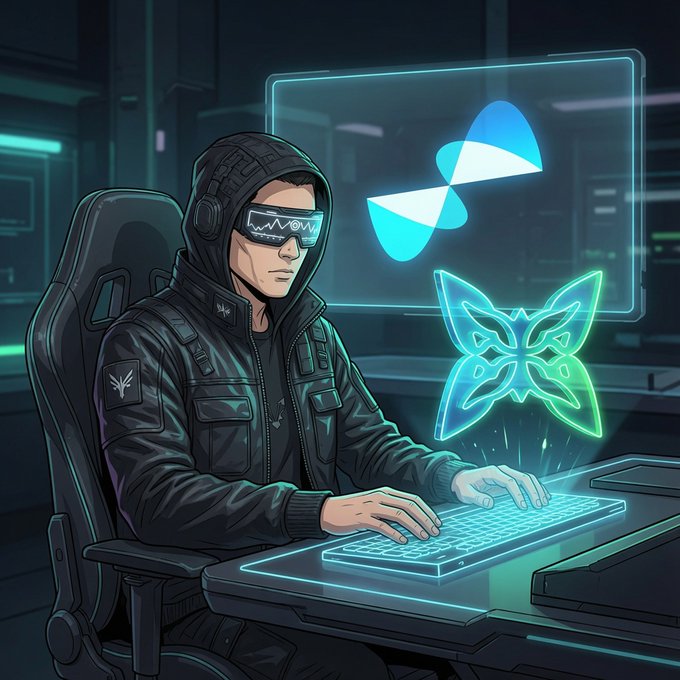 A hooded figure in VR glasses types at a glowing futuristic keyboard while holographic tech emblems, including a butterfly and a radiation/atom symbol, float on a screen behind them. The image visualizes the post's theme of hands-off, quantum-optimized testnet work, with the neon symbols symbolizing the decentralized, automated routing of the @quipnetwork marketplace.