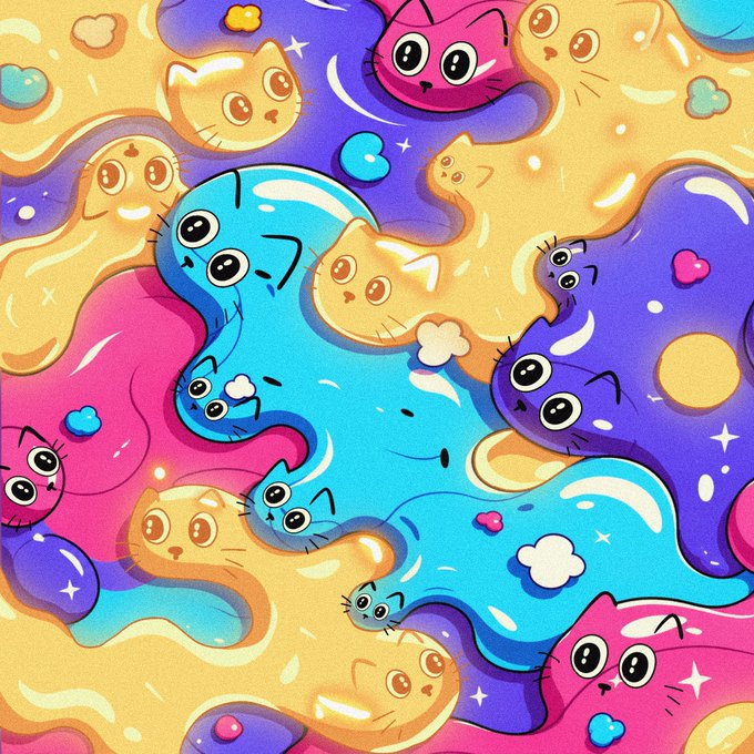 A vibrant, surreal illustration features numerous cartoon cats in bright pink, blue, purple, and yellow tones melting and flowing together in a dreamy, fluid composition filled with hearts and stars. The whimsical, pastel aesthetic and playful "kawaii" style evoke a fun, expressive mood that complements the lighthearted caption "gcets."