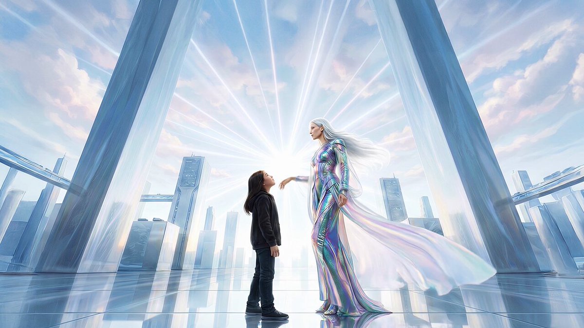 The image features a young girl and an older woman standing next to each other with their arms around each other's shoulders. They appear to be embracing or holding hands as they gaze at something above them, possibly a futuristic cityscape or a large screen displaying information about the hackathon event.