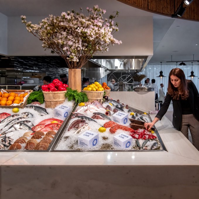 An upscale seafood display at what appears to be a restaurant, featuring various fish, lobsters, and produce on ice with 'CHAIN LINK' signage, as a woman in dark clothing reaches toward the display.
