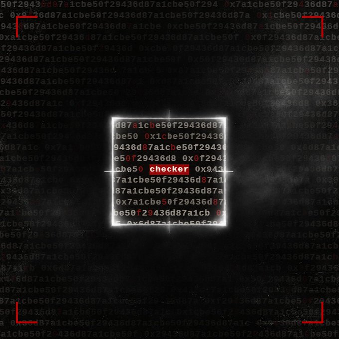 The image shows a digital loading screen with a central glowing interface containing hexadecimal code, with the word "checker" highlighted in red, set against a background of scrolling alphanumeric characters and framed by red corner brackets. The graphic visually reinforces the post's message about the WL (whitelist) Checker system being in the process of loading while it reviews thousands of submissions.