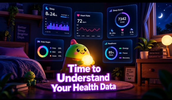 A whimsical bedroom scene displays health dashboard widgets (Sleep 8h 24m, Heart Rate 72 bpm, Sleep Score 7342, Sleep Stages, Readiness 85%) around a cartoon green character, overlaid with the text 'Time to Understand Your Health Data'.