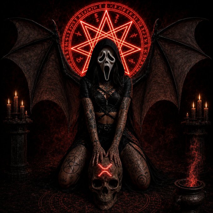 A dark, gothic-style illustration depicts a hooded figure in a black corset with tattooed arms, wearing a Ghostface-style screaming mask, positioned before a red glowing occult symbol with bat-like wings, lit candles, and a skull marked with a red X on the ground.