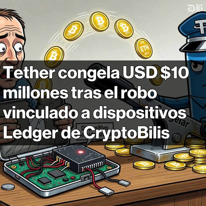 A cartoon illustration with Spanish text overlay reads 'Tether congela USD $10 millones tras el robo vinculado a dispositivos Ledger de CryptoBills,' depicting a man and a Tether police character with cryptocurrency coins and a tampered hardware wallet.