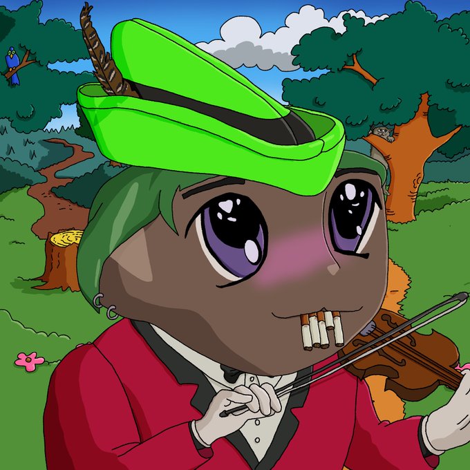 A digital drawing of an anthropomorphic character with dark skin, purple eyes, and a green hat with a feather, playing a violin in a red jacket against a forest background.