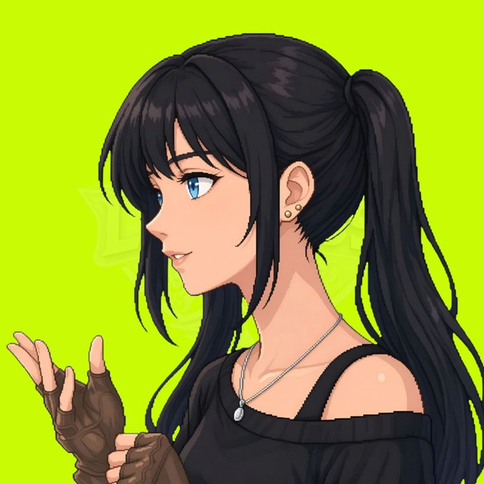 A pixel art portrait of a black-haired anime girl in a black tank top with a ponytail, adjusting brown fingerless gloves against a bright green background. The "No touch grass" caption paired with the image humorously suggests she's too focused on hunting for the next 100x crypto gem to step outside—capturing the degen trader's relentless screen-bound lifestyle.