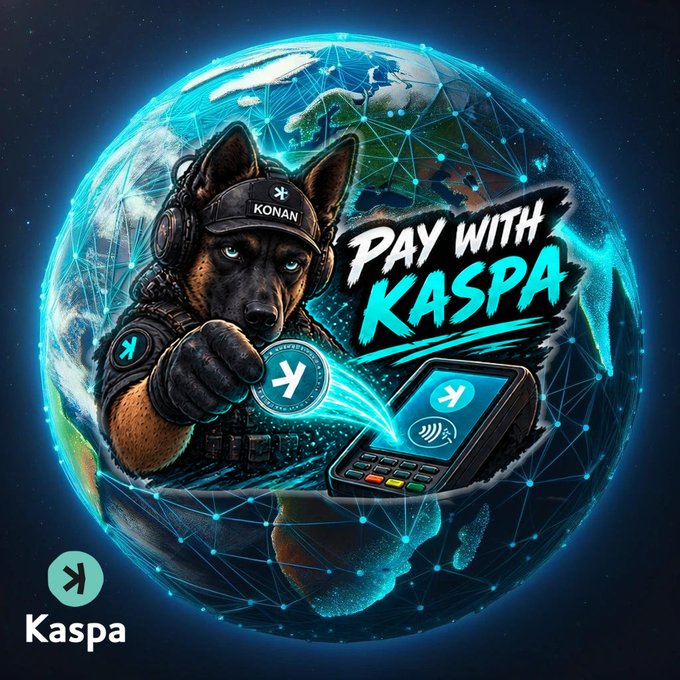 A promotional graphic for 'PAY WITH KASPA' featuring a dog character wearing a 'KONAN' cap holding a Kaspa coin next to a card payment terminal, with the Kaspa logo in the corner.