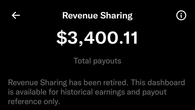 A screenshot of a mobile app displays 'Revenue Sharing' with a total payout of '$3,400.11', noting that Revenue Sharing has been retired and the dashboard is for historical reference only.