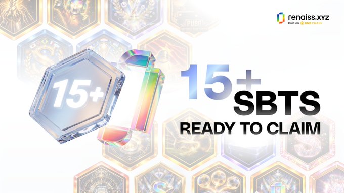 A promotional graphic for 'renaiss.xyz' built on BNB CHAIN advertises '15+ SBTS READY TO CLAIM' with hexagonal NFT tokens displayed.