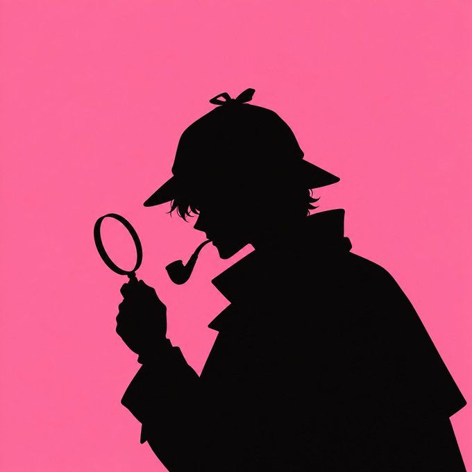 A black silhouette illustration of Sherlock Holmes wearing his iconic deerstalker hat and smoking a pipe while holding a magnifying glass, set against a pink background.