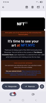 Mobile screenshot of NFT.NYC website announcing Artist applications are now open for the 2026 Community Artist Showcase at the Chelsea Industrial venue, with a deadline of Sept 1, 2026.