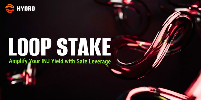 The image is a promotional banner for Hydro Protocol's "LOOP STAKE" feature, displaying the headline "Amplify Your INJ Yield with Safe Leverage" against a dark background featuring 3D metallic chain links. The visual reinforces the post's message by symbolizing the looping/leverage concept through the chain imagery, supporting the idea of automated leveraged staking for INJ token holders.