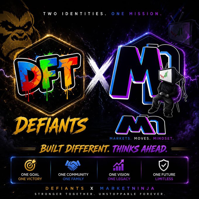 A vibrant promotional graphic for 'DEFIANTS x MARKETNINJA' featuring the tagline 'TWO IDENTITIES. ONE MISSION.' and showcasing logos for both brands alongside a character with a TV head.