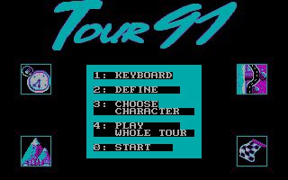 A retro-style video game menu titled 'TOUR 97' with options: KEYBOARD, DEFINE, CHOOSE CHARACTER, PLAY WHOLE TOUR, and START.