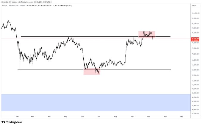TradingView chart of Bitcoin/USDT on Binance showing price at 81,302.99 USDT as of October 8, 2026, with horizontal support/resistance lines marked and shaded zones in June and September.